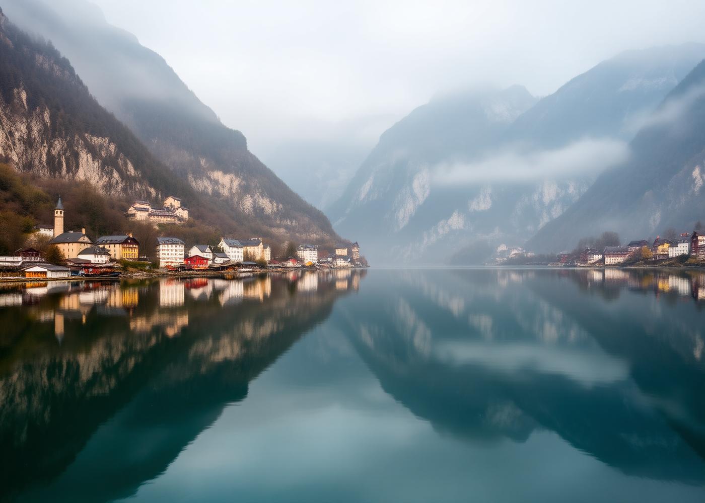 Misty Austrian alpine lake at morning